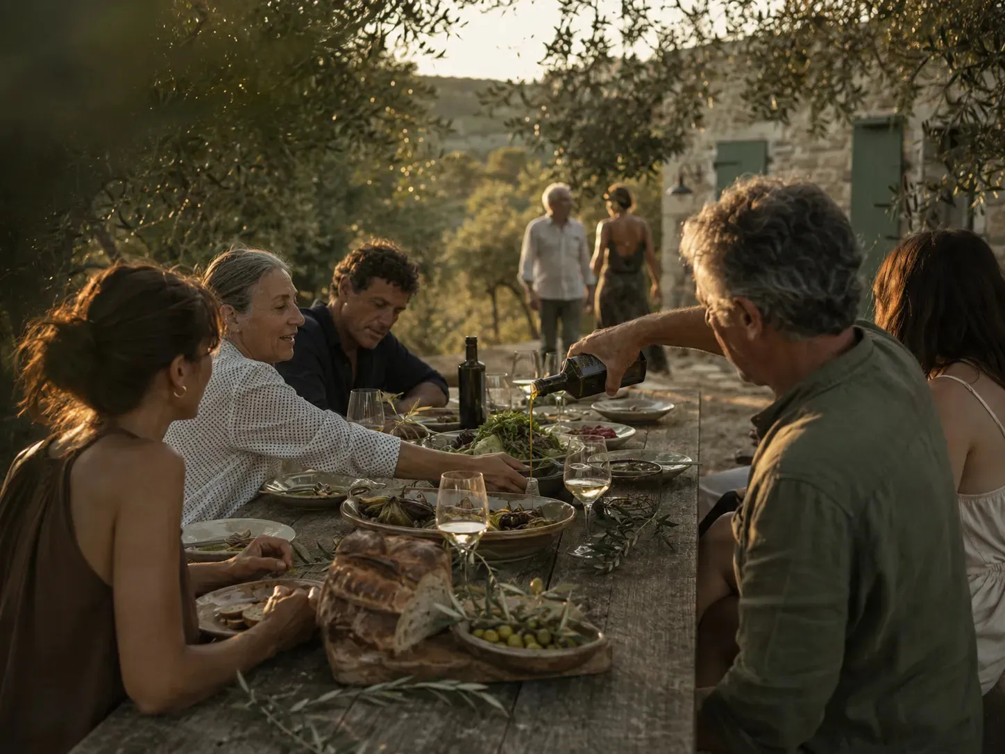 Friends sharing a meal outdoors in Tuscany