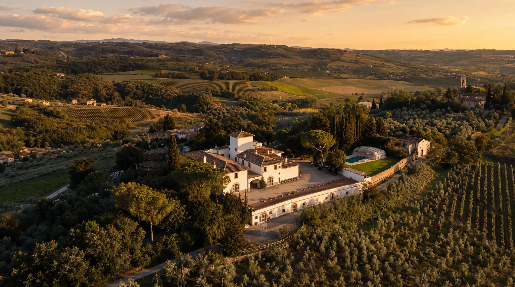 Fattoria San Michele a Torri seen from above at sunset