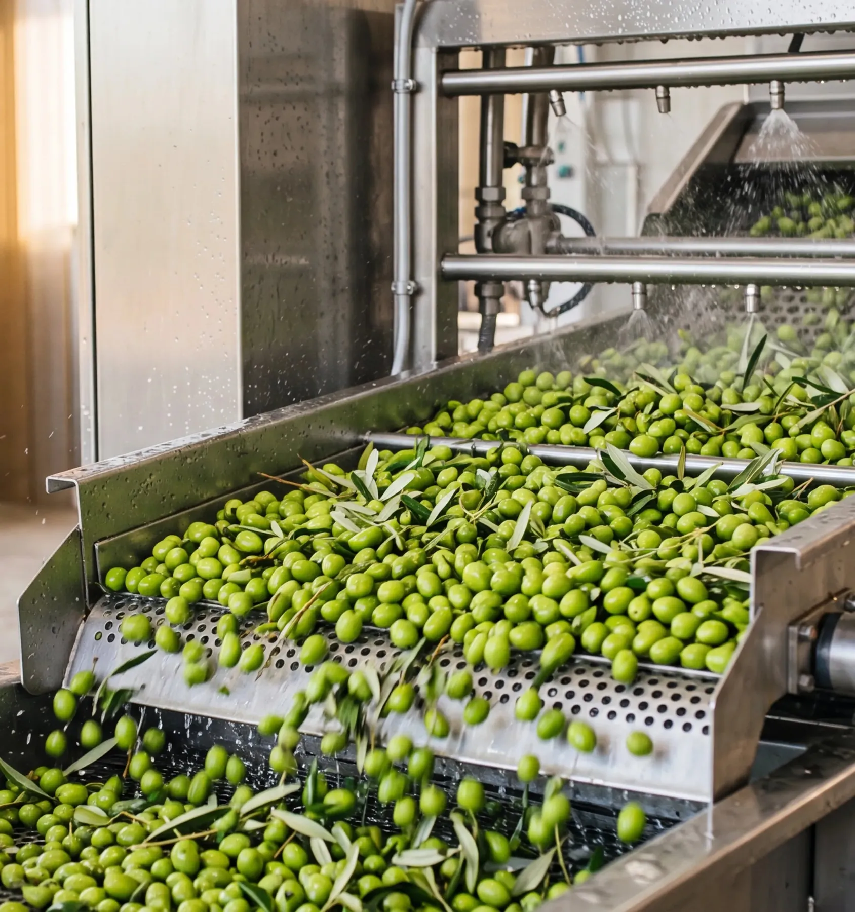 Freshly harvested olives on the conveyor at the estate's mill