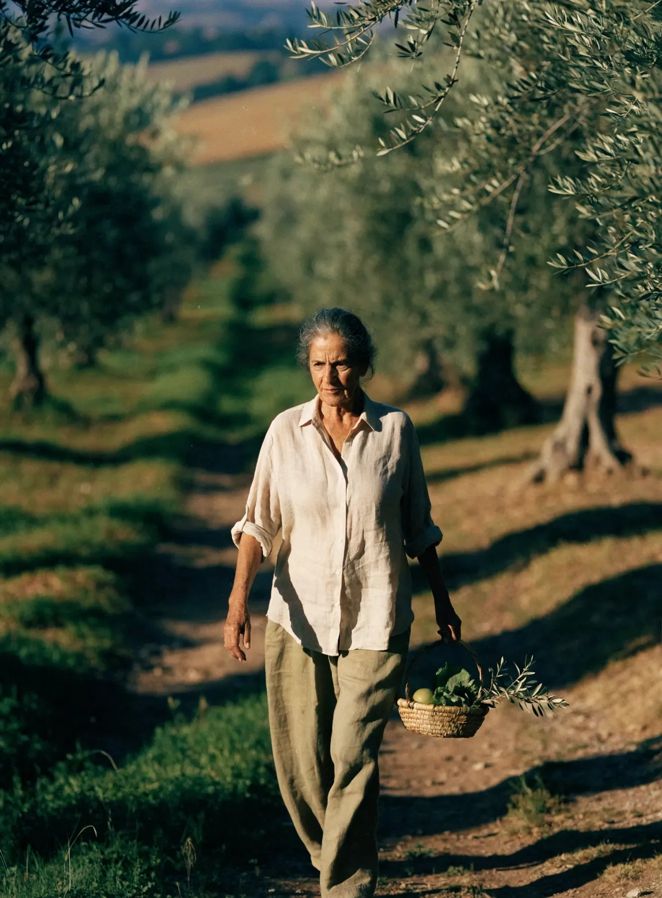A woman walking between olive trees on the estate