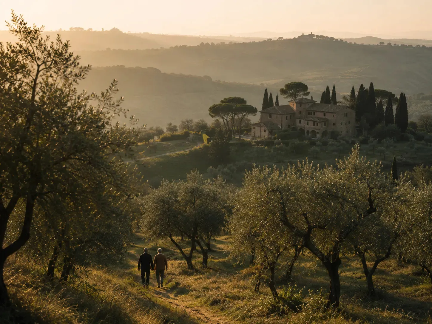 Tuscan hills with olive trees at sunset