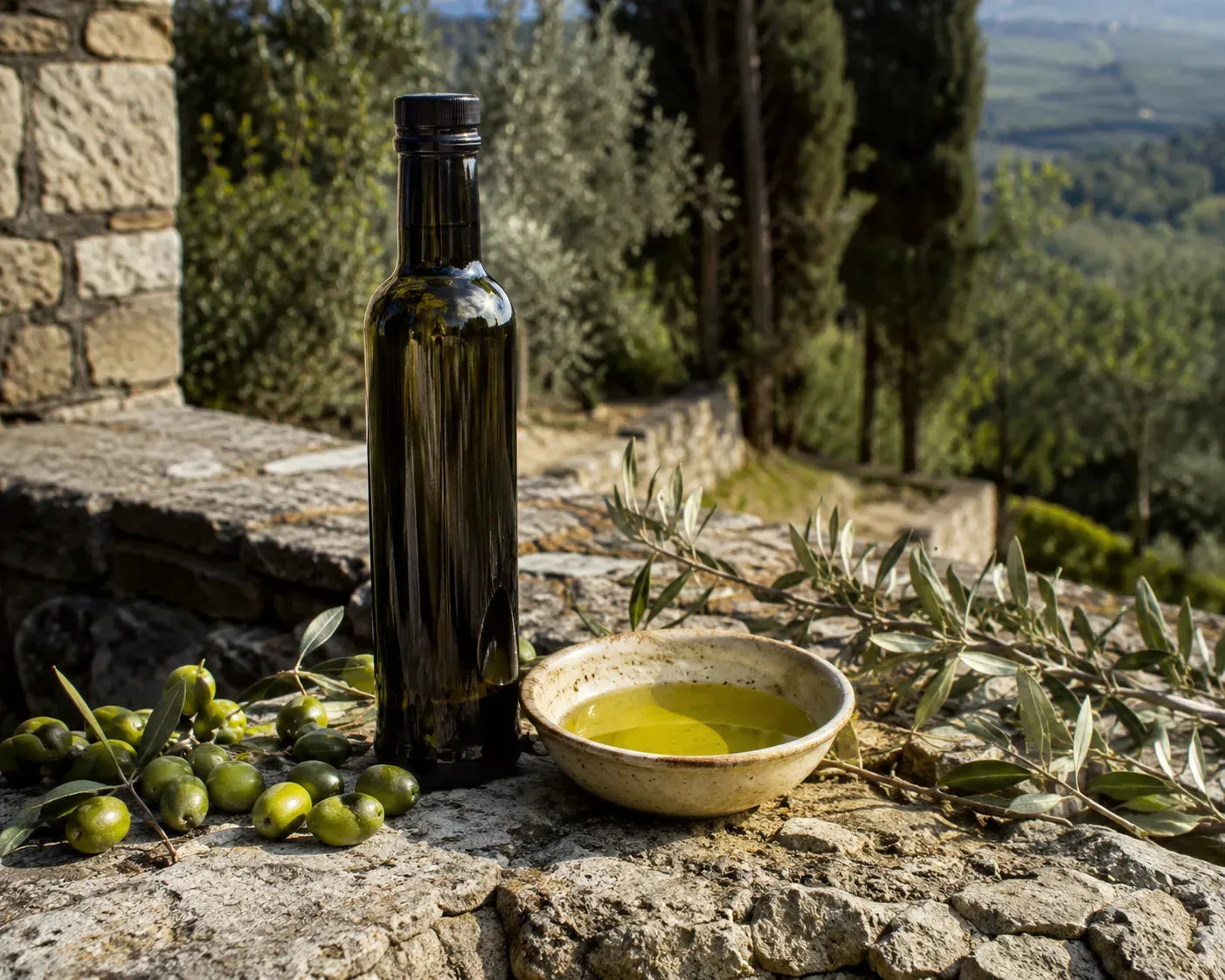 A bottle of Laudemio on a stone wall in Tuscany
