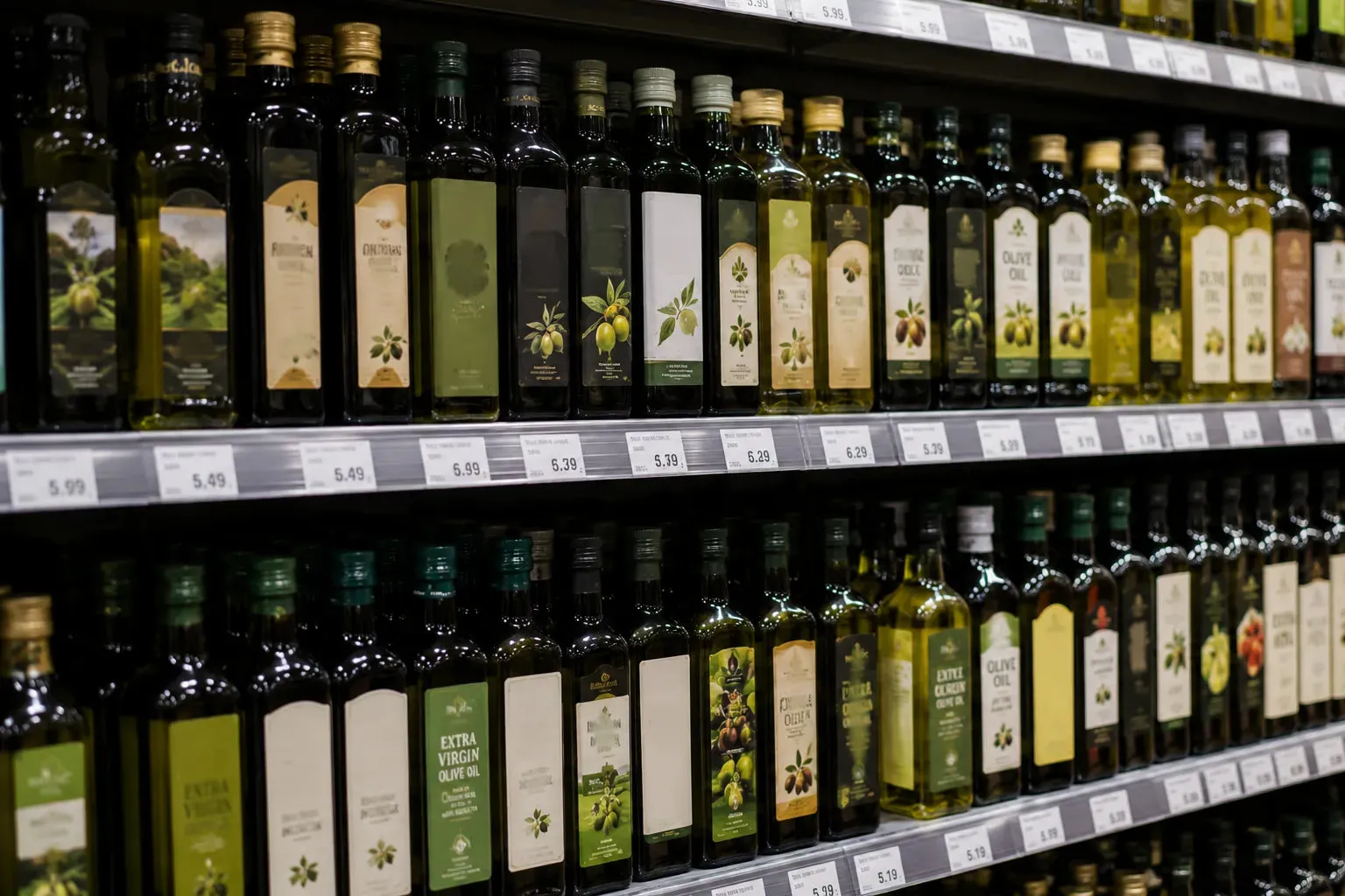 Supermarket shelves full of mass-produced olive oil